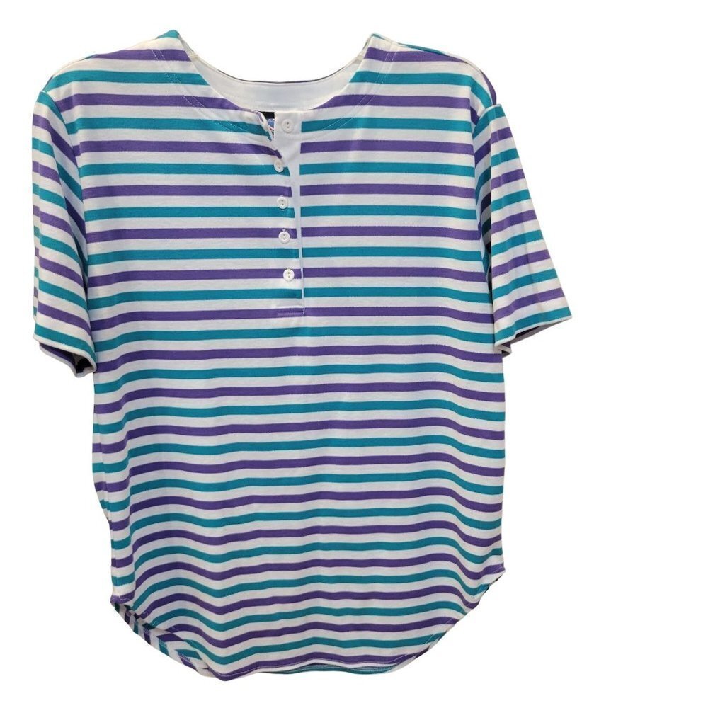 Vintage Jantzen Classic Lg Striped SS 1/4 Button Jersey Knit Blouse Round Hem